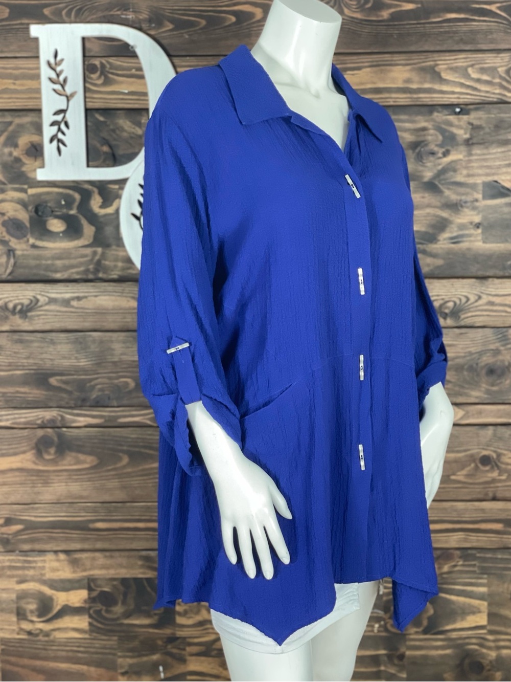 Soft Surroundings | Cobalt Blue Button-Front Collard Tunic Top Hanky Hem Silver - Picture 5 of 6